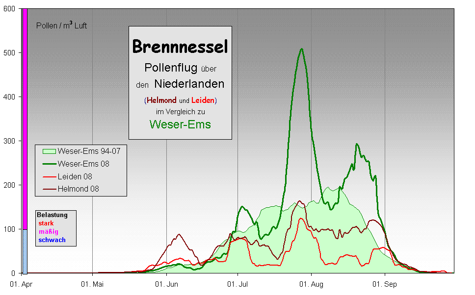 Brennnessel 
Pollenflug ber 
den  Niederlanden 
(Helmond und Leiden)
im Vergleich zu 
Weser-Ems 