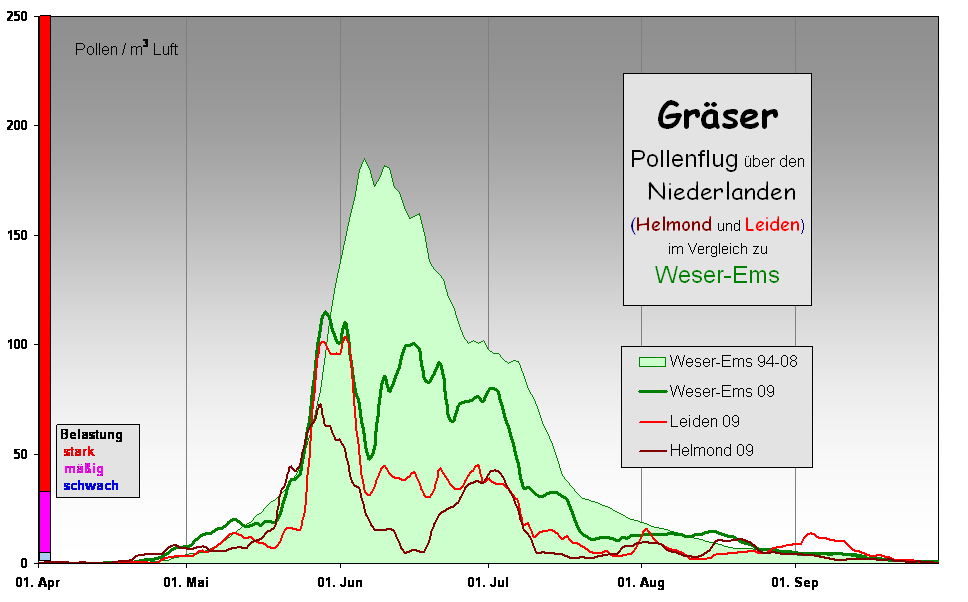 Grser 
Pollenflug ber den
 Niederlanden
(Helmond und Leiden)
im Vergleich zu 
Weser-Ems